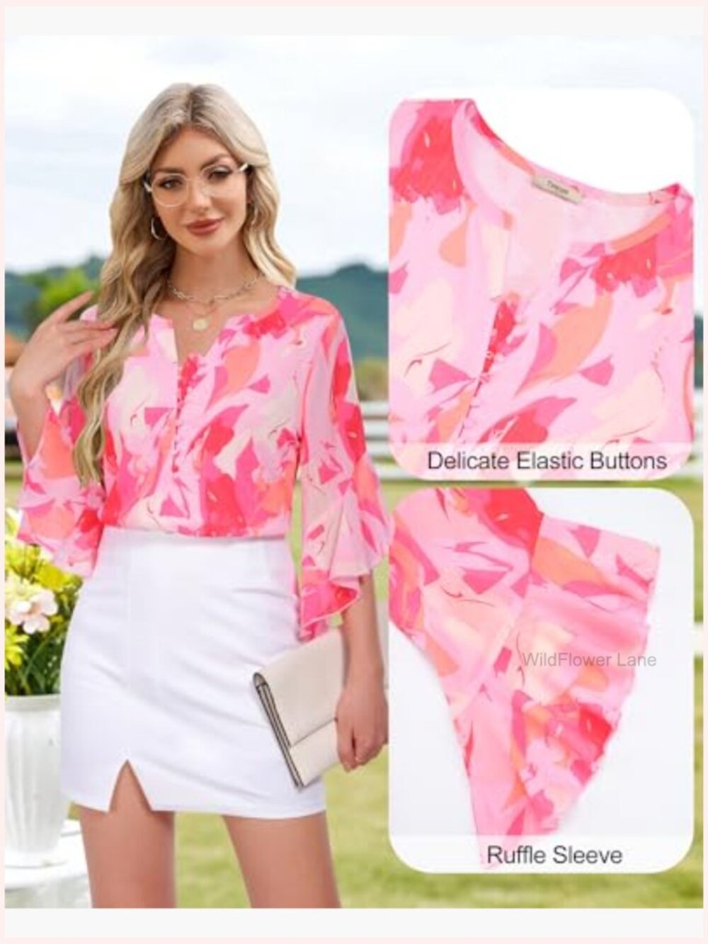 3/4 Length Sleeve Womens Blouse Dressy Casual Button Down V Neck Pullover Top - Picture 4 of 7